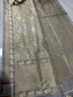 Elegant Grey Banarasi Silk Dupatta with Floral Design - Luxurion World- Crafted Heirlooms