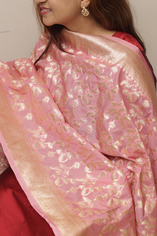 Stunning Pink Banarasi Silk Flower Dupatta - Luxurion World