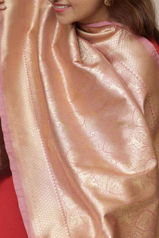Stunning Pink Banarasi Silk Dupatta with Floral Motifs - Luxurion World