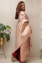 Stunning Pink Banarasi Silk Dupatta with Floral Motifs - Luxurion World- Crafted Heirlooms
