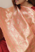 Peach Banarasi Silk Shikargah & Flower Dupatta - Luxurion World- Crafted Heirlooms