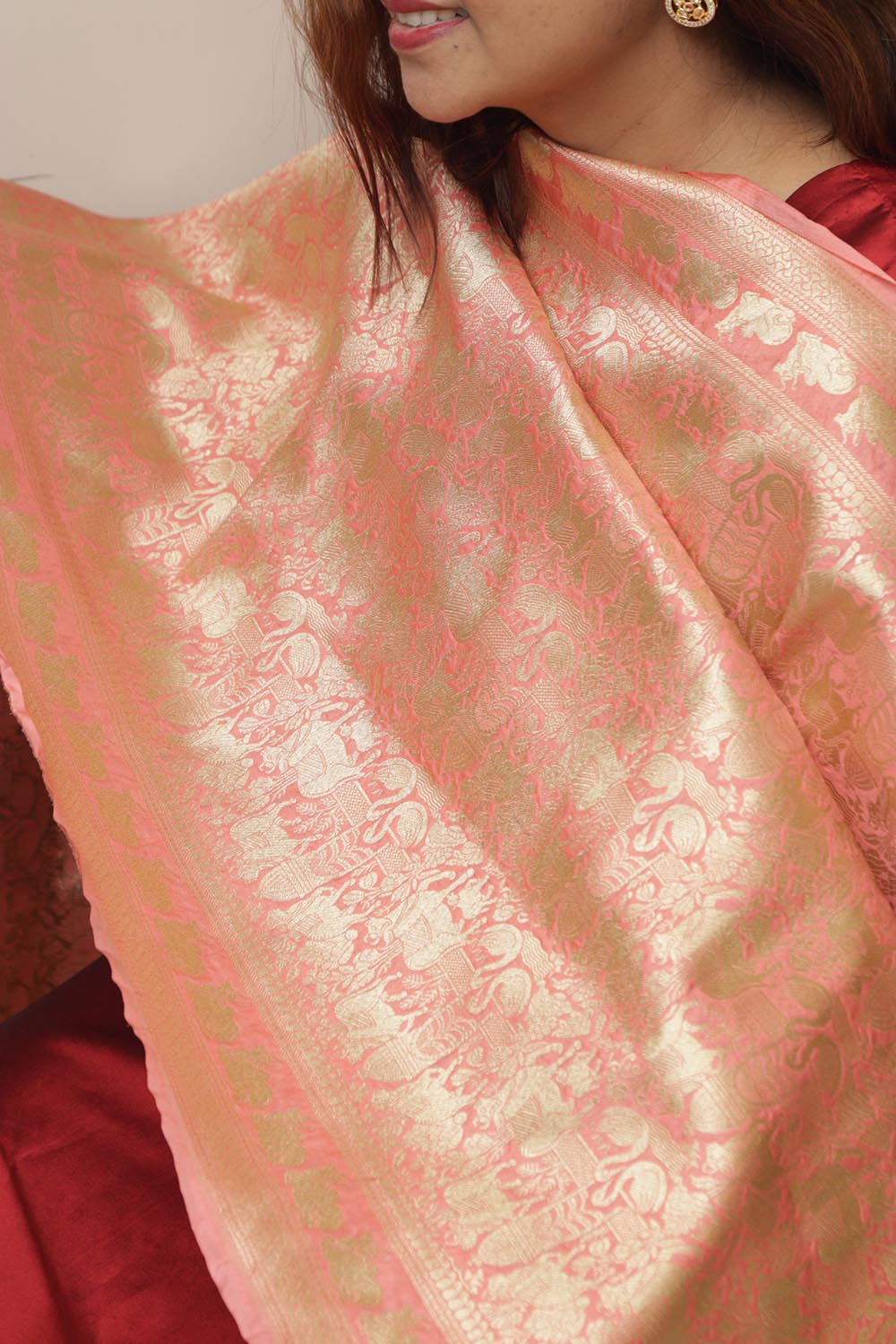 Peach Banarasi Silk Shikargah & Flower Dupatta - Luxurion World- Crafted Heirlooms
