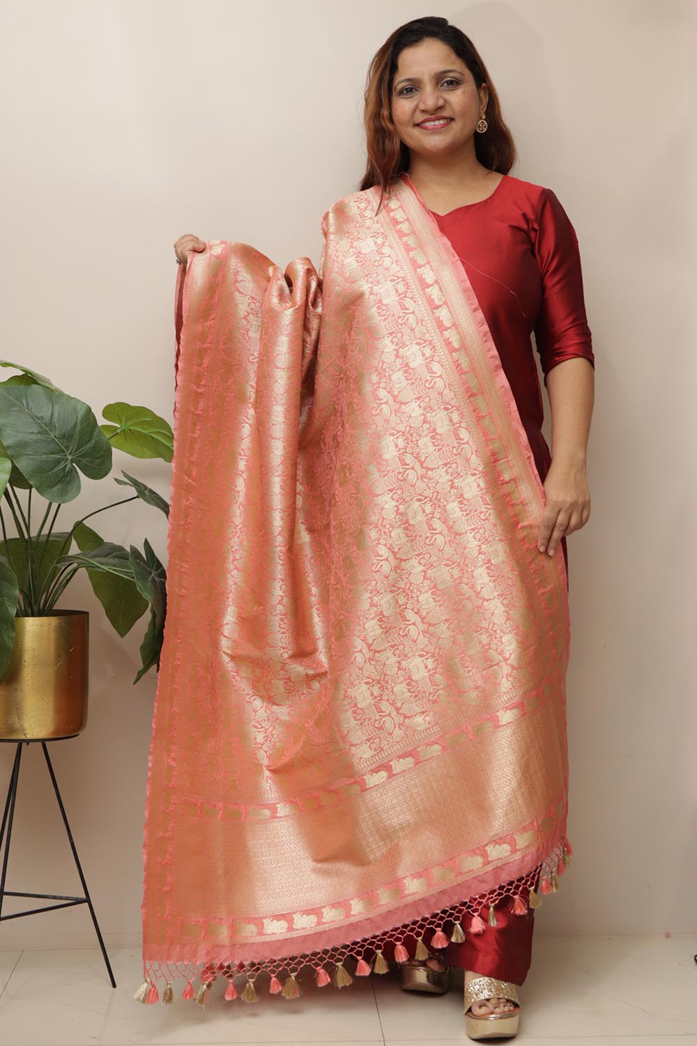 Peach Banarasi Silk Shikargah & Flower Dupatta - Luxurion World- Crafted Heirlooms