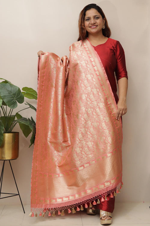 Peach Banarasi Silk Shikargah & Flower Dupatta - Luxurion World- Crafted Heirlooms