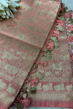 Peach Banarasi Silk Shikargah & Flower Dupatta - Luxurion World- Crafted Heirlooms