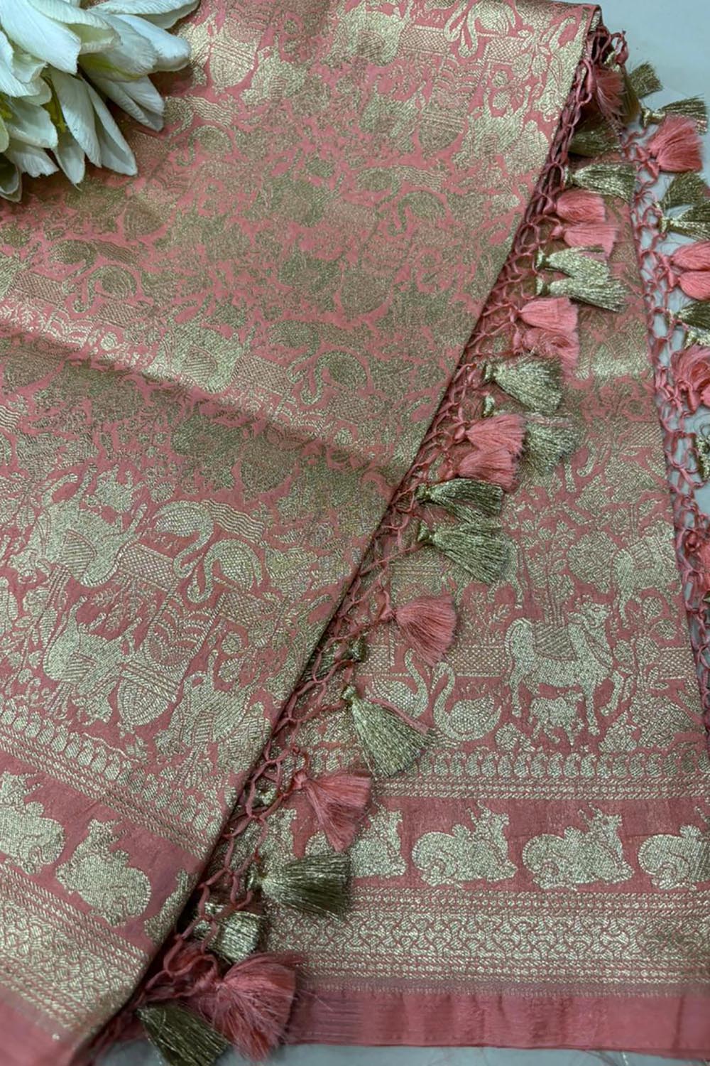 Peach Banarasi Silk Shikargah & Flower Dupatta - Luxurion World- Crafted Heirlooms