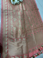 Peach Banarasi Silk Shikargah & Flower Dupatta - Luxurion World- Crafted Heirlooms