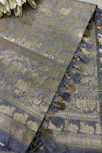 Elegant Grey Banarasi Silk Dupatta with Floral Design - Luxurion World- Crafted Heirlooms