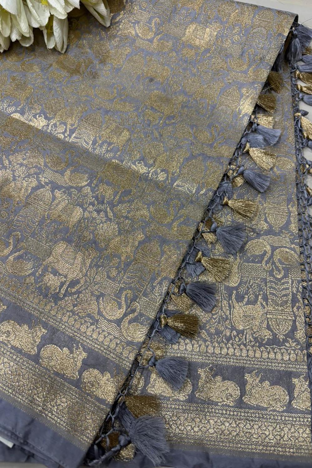 Elegant Grey Banarasi Silk Dupatta with Floral Design - Luxurion World- Crafted Heirlooms
