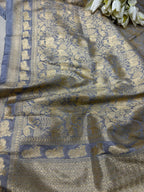 Elegant Grey Banarasi Silk Dupatta with Floral Design - Luxurion World- Crafted Heirlooms