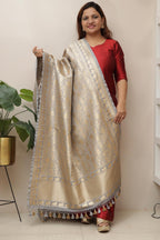 Elegant Grey Banarasi Silk Dupatta with Floral Design - Luxurion World- Crafted Heirlooms