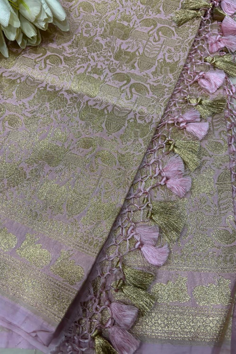 Stunning Pink Banarasi Silk Dupatta with Floral Design - Luxurion World- Crafted Heirlooms