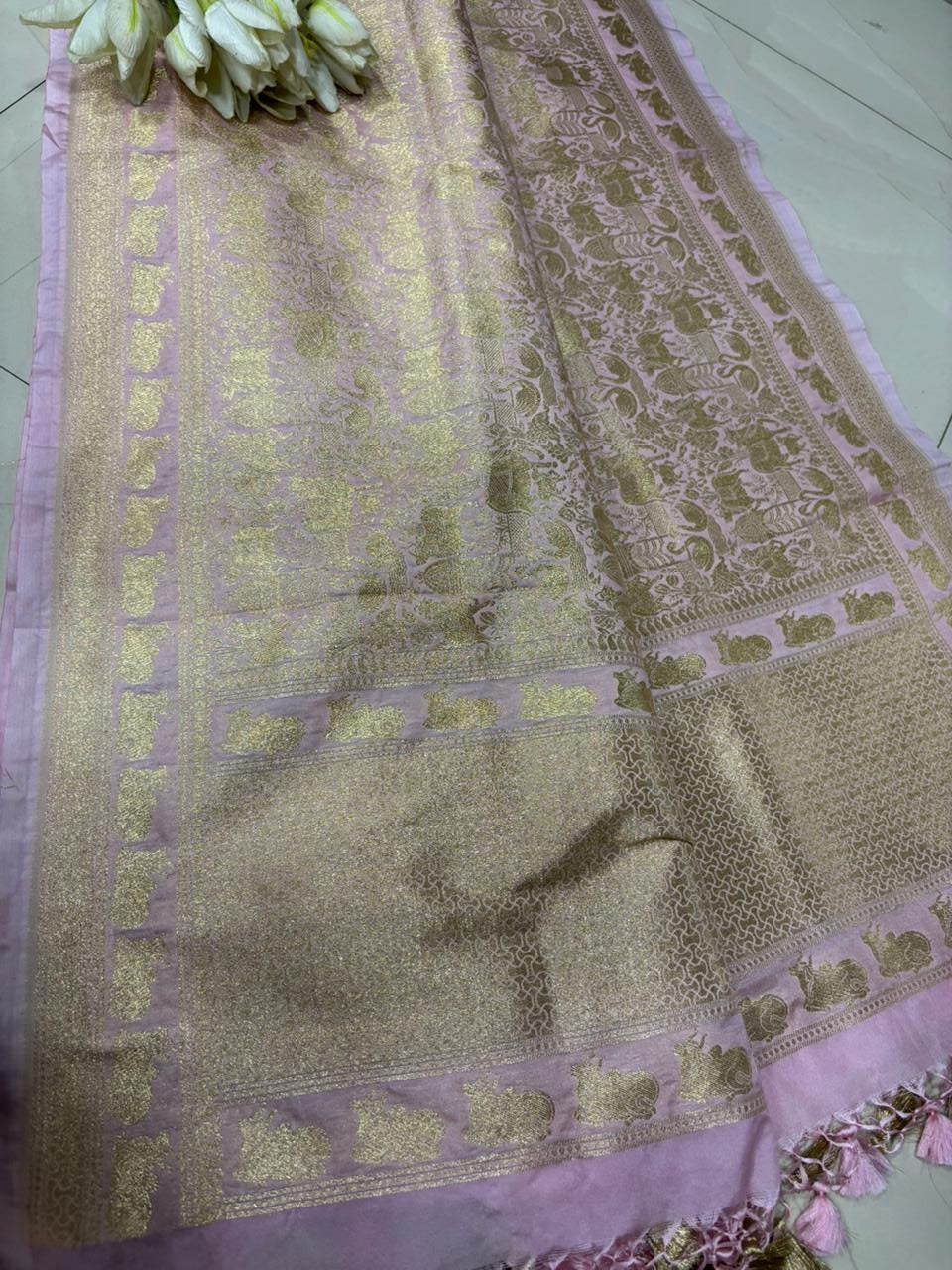 Stunning Pink Banarasi Silk Dupatta with Floral Design - Luxurion World- Crafted Heirlooms