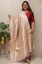 Stunning Pink Banarasi Silk Dupatta with Floral Design - Luxurion World- Crafted Heirlooms