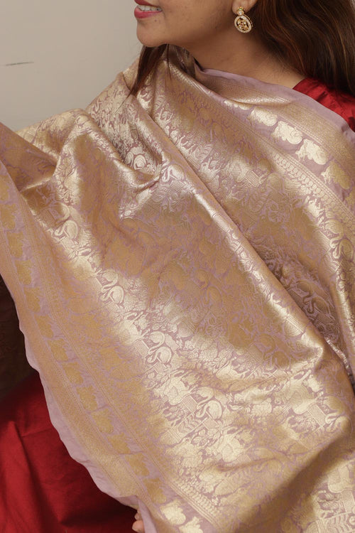 Pastel Purple Banarasi Silk Dupatta with Floral Design - Luxurion World- Crafted Heirlooms