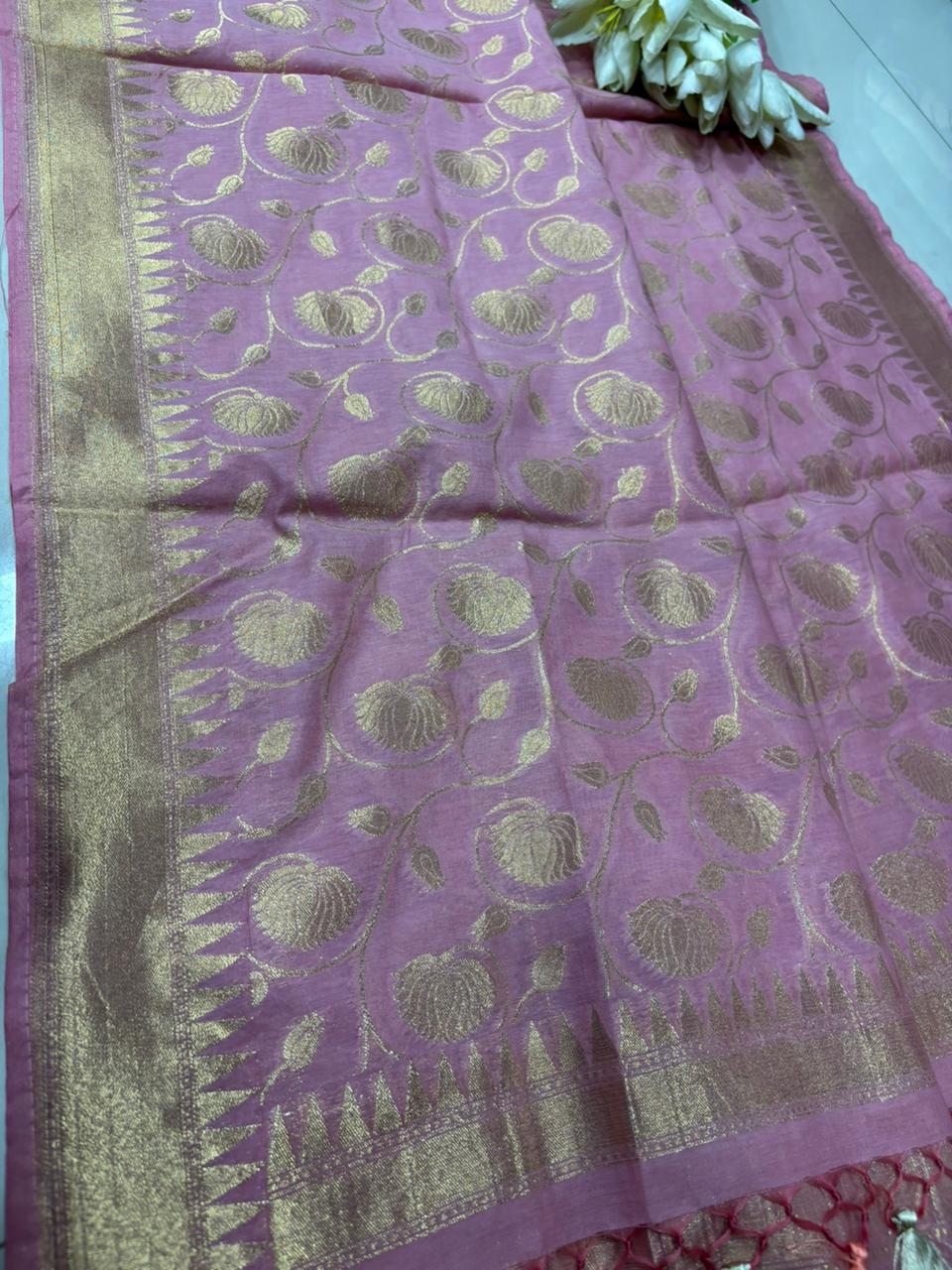 Stunning Pink Banarasi Cotton Dupatta - Luxurion World- Crafted Heirlooms