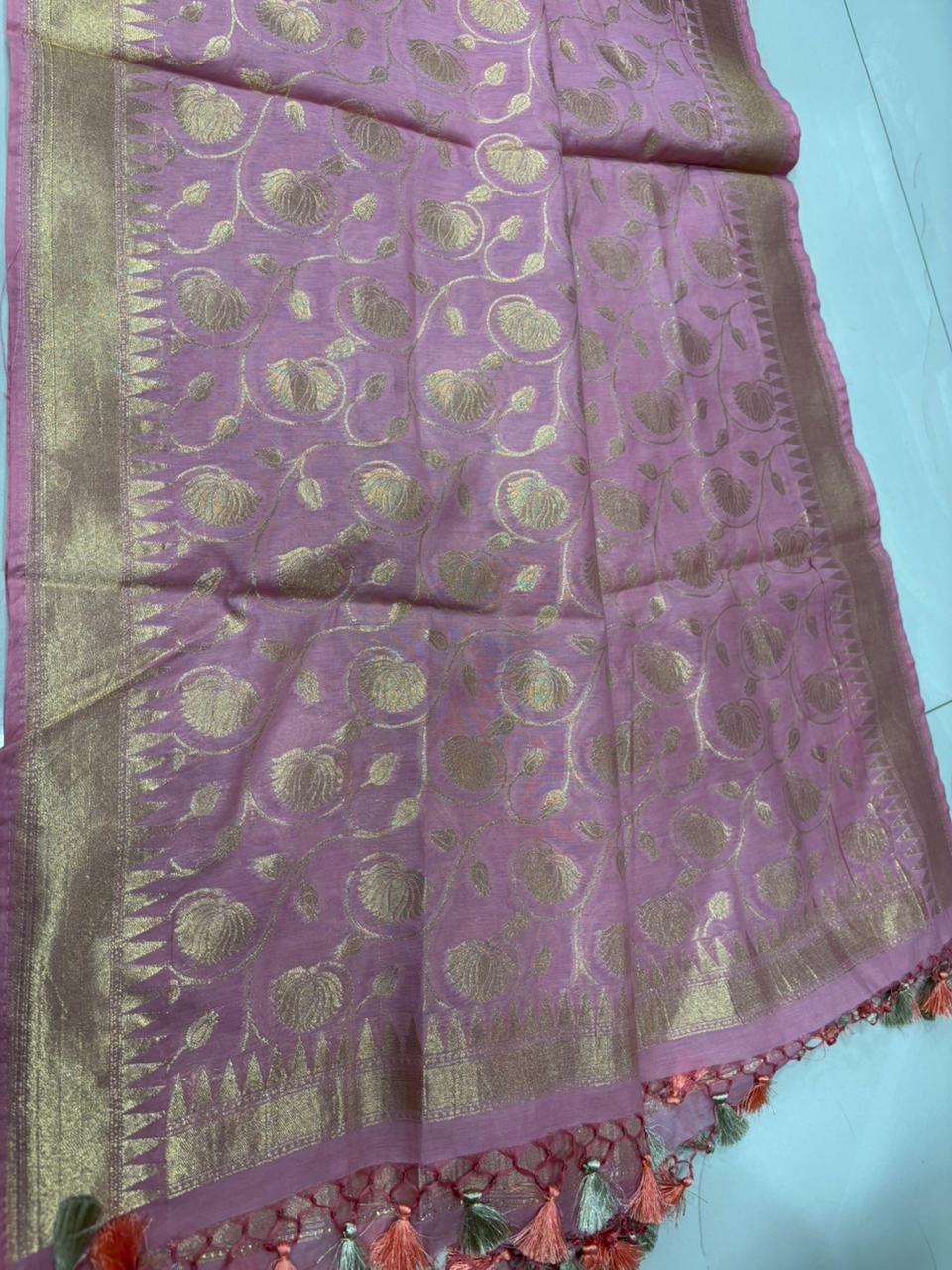 Stunning Pink Banarasi Cotton Dupatta - Luxurion World- Crafted Heirlooms