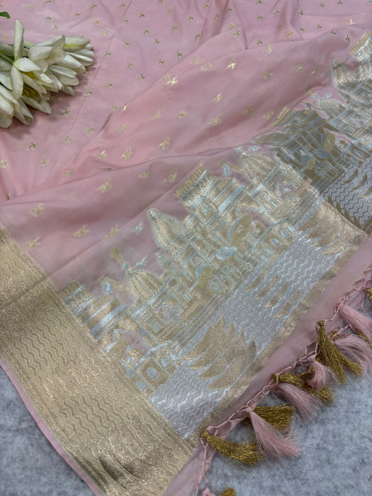 Pink Banarasi Silk Dupatta — Ghat Design Border, Festive