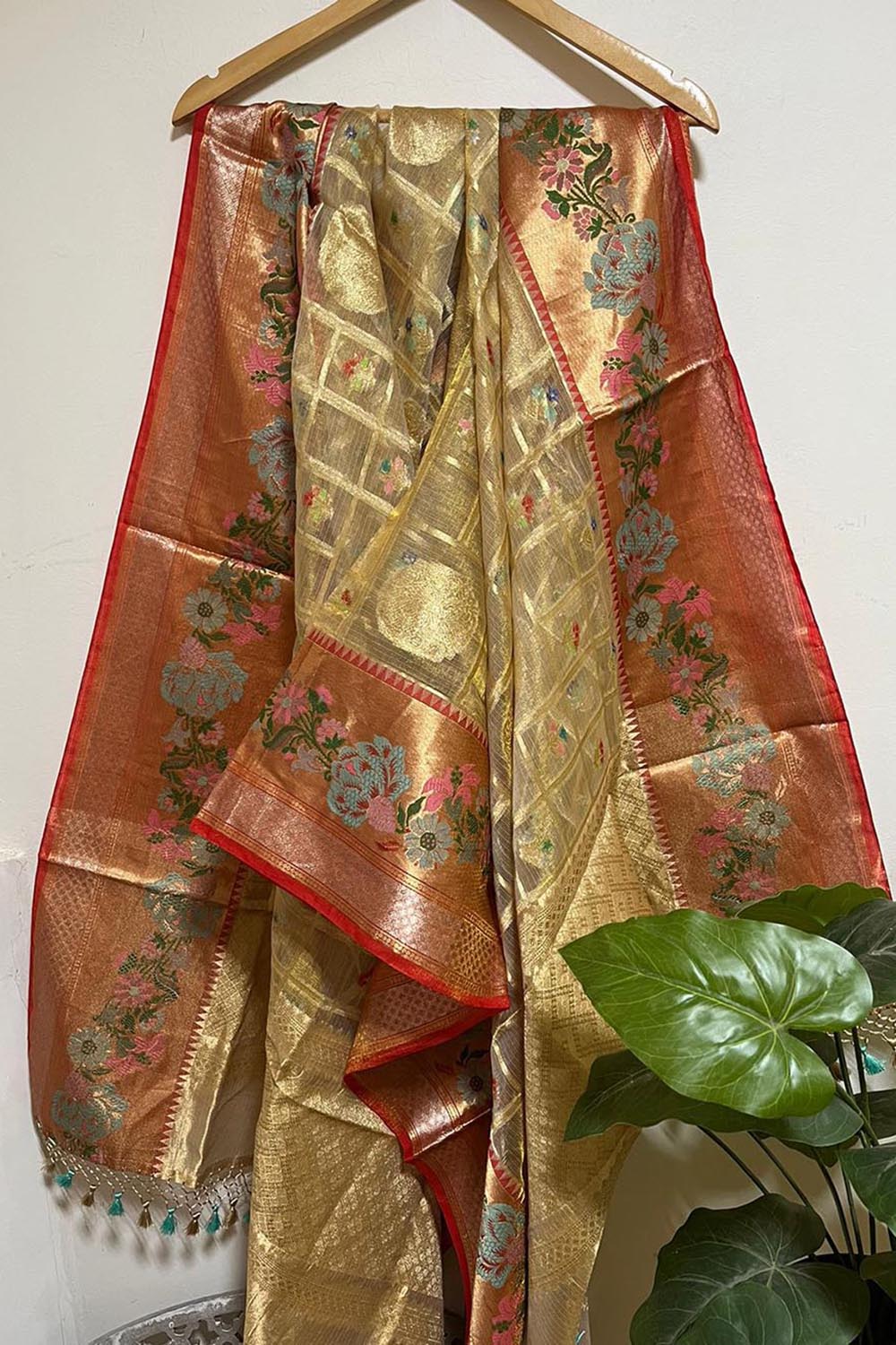 Elegant Pastel Banarasi Kota Tissue Paithani Dupatta with Design Border - Luxurion World