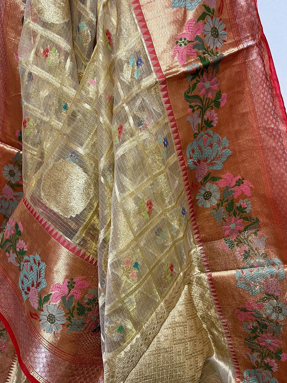 Elegant Pastel Banarasi Kota Tissue Paithani Dupatta with Design Border - Luxurion World