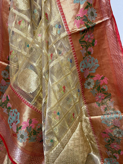 Elegant Pastel Banarasi Kota Tissue Paithani Dupatta with Design Border - Luxurion World