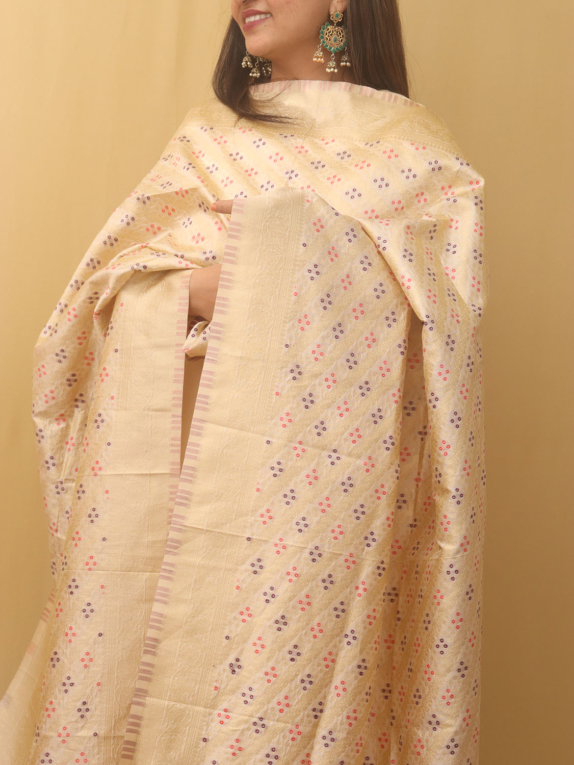Pastel Banarasi Silk Bandhani Design Dupatta - Luxurion World