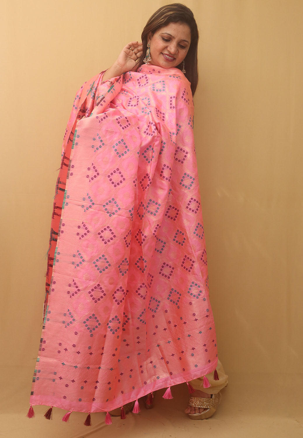 Pink Banarasi Silk Bandhani Design Dupatta - Luxurion World