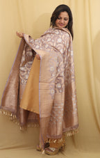 Elegant Pastel Banarasi Handloom Pure Tissue Silk Jaal Design Sona Roopa Dupatta - Luxurion World