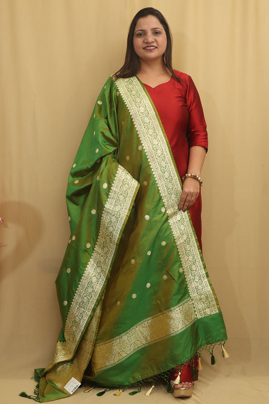 Green Handloom Banarasi Pure Katan Silk Dupatta - Luxurion World