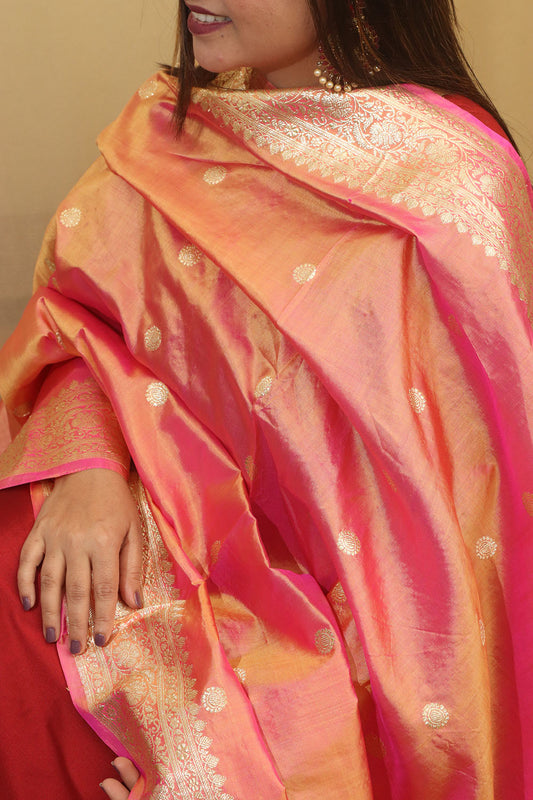 Vibrant Pink & Orange Shot Handloom Banarasi Pure Katan Silk Dupatta - Luxurion World