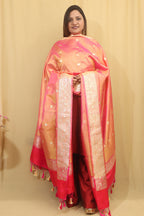 Vibrant Pink & Orange Shot Handloom Banarasi Pure Katan Silk Dupatta - Luxurion World