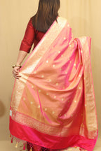 Vibrant Pink & Orange Shot Handloom Banarasi Pure Katan Silk Dupatta - Luxurion World
