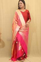 Vibrant Pink & Orange Shot Handloom Banarasi Pure Katan Silk Dupatta - Luxurion World