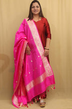 Exquisite Pink Handloom Banarasi Pure Katan Silk Dupatta - Luxurion World