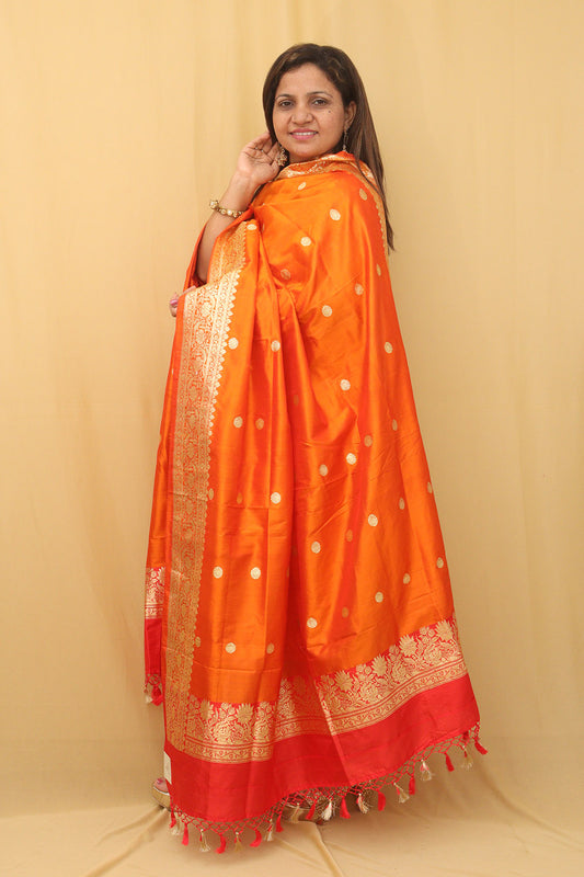 Orange Handloom Banarasi Katan Silk Dupatta - Perfect for Any Occasion! - Luxurion World