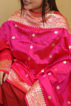 Vibrant Pink & Orange Handloom Banarasi Pure Katan Silk Dupatta - Luxurion World