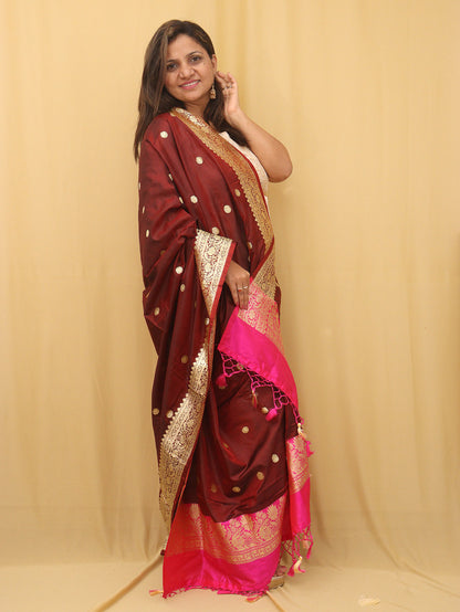 Stunning Maroon Banarasi Katan Silk Dupatta - Handloom Perfection