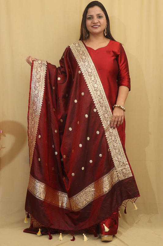 Exquisite Maroon Banarasi Katan Silk Dupatta - Handloom Beauty - Luxurion World