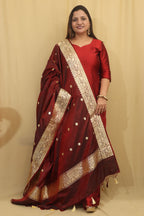 Exquisite Maroon Banarasi Katan Silk Dupatta - Handloom Beauty - Luxurion World