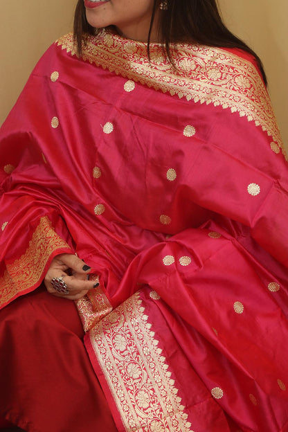 Vibrant Pink Handloom Banarasi Pure Katan Silk Dupatta - Luxurion World