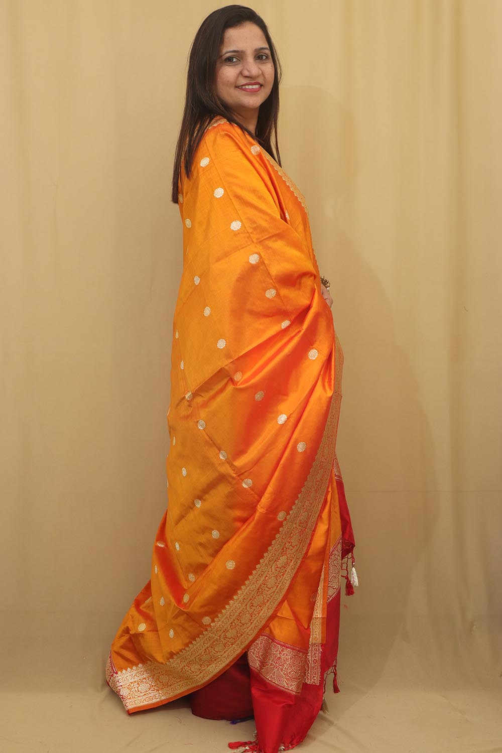 Orange Handloom Banarasi Pure Katan Silk Dupatta - Luxurion World