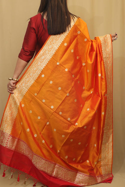 Orange Handloom Banarasi Pure Katan Silk Dupatta - Luxurion World