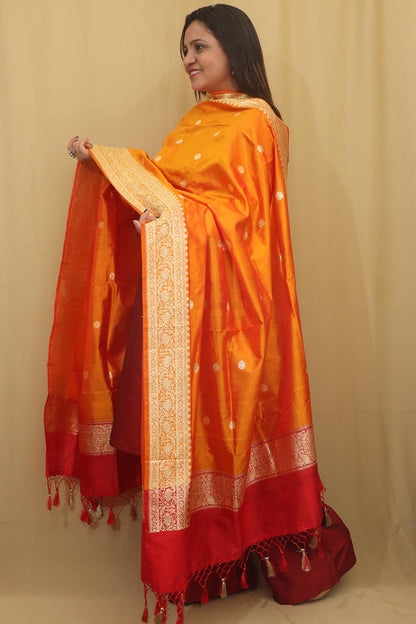 Orange Handloom Banarasi Pure Katan Silk Dupatta - Luxurion World