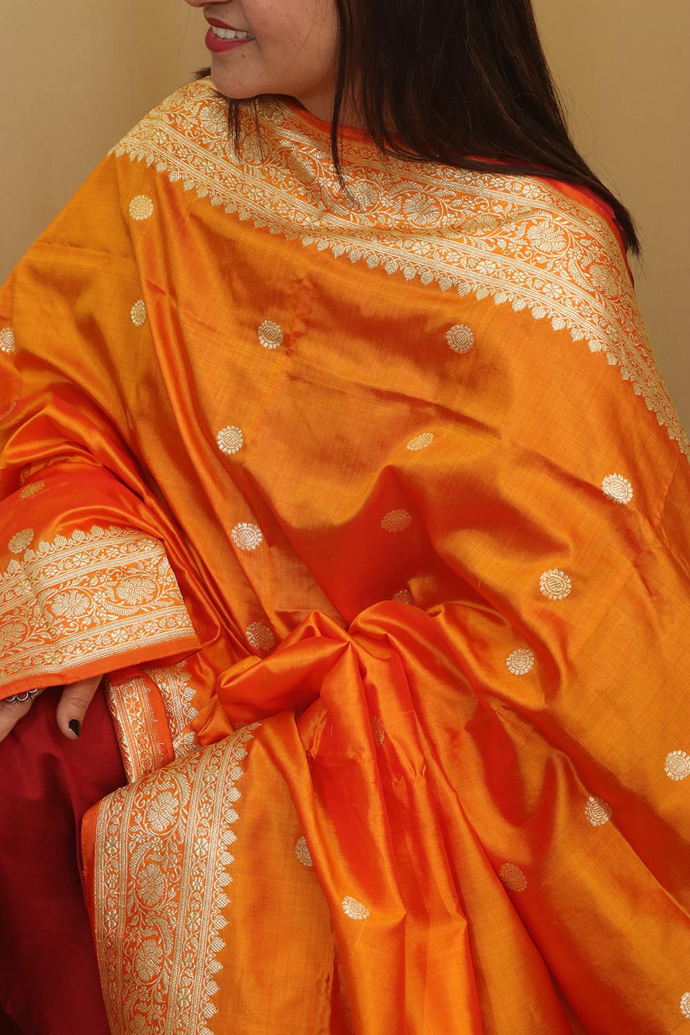 Orange Handloom Banarasi Pure Katan Silk Dupatta - Luxurion World