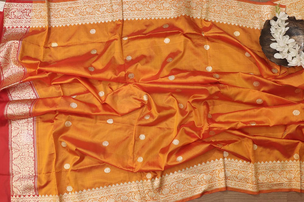 Orange Handloom Banarasi Pure Katan Silk Dupatta - Luxurion World
