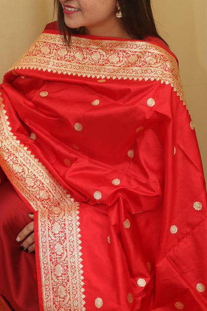 Elegant  Red Handloom Banarasi Pure Katan Silk Dupatta - Luxurion World