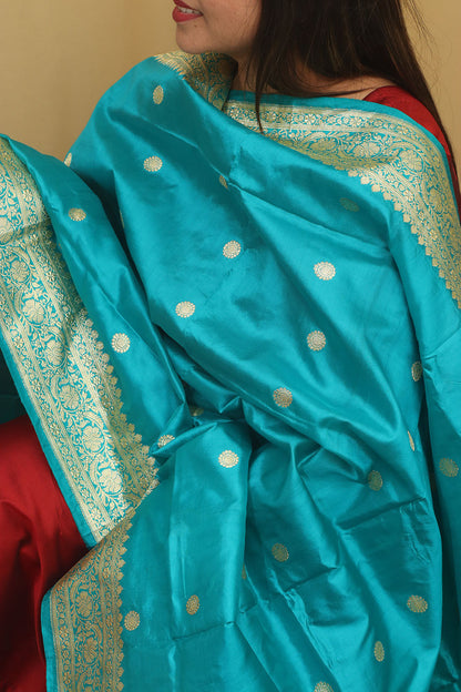 Exquisite Blue Handloom Banarasi Pure Katan Silk Dupatta - Luxurion World