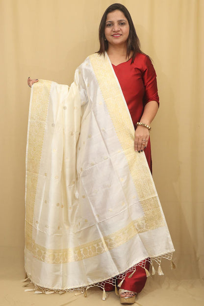 Elegant White Handloom Banarasi Pure Katan Silk Dupatta - Luxurion World