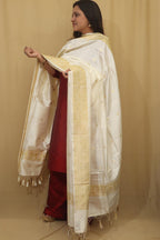Elegant White Handloom Banarasi Pure Katan Silk Dupatta - Luxurion World