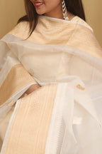 White Handloom Banarasi Pure Kora Silk Dupatta - Luxurion World